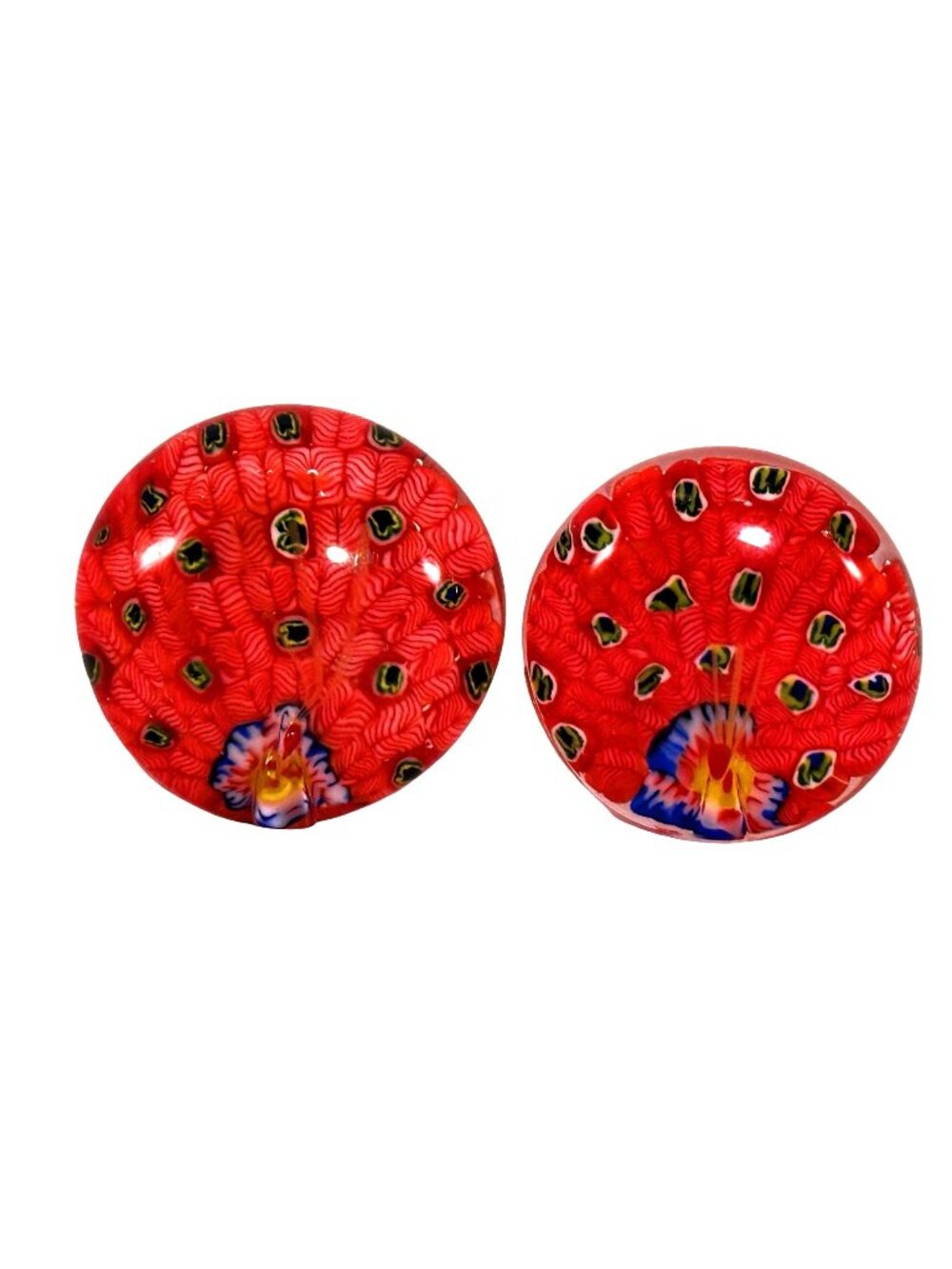 Art Glass Peacock Paperweights Red/White Multicolor Millefiori Design Set of 2
